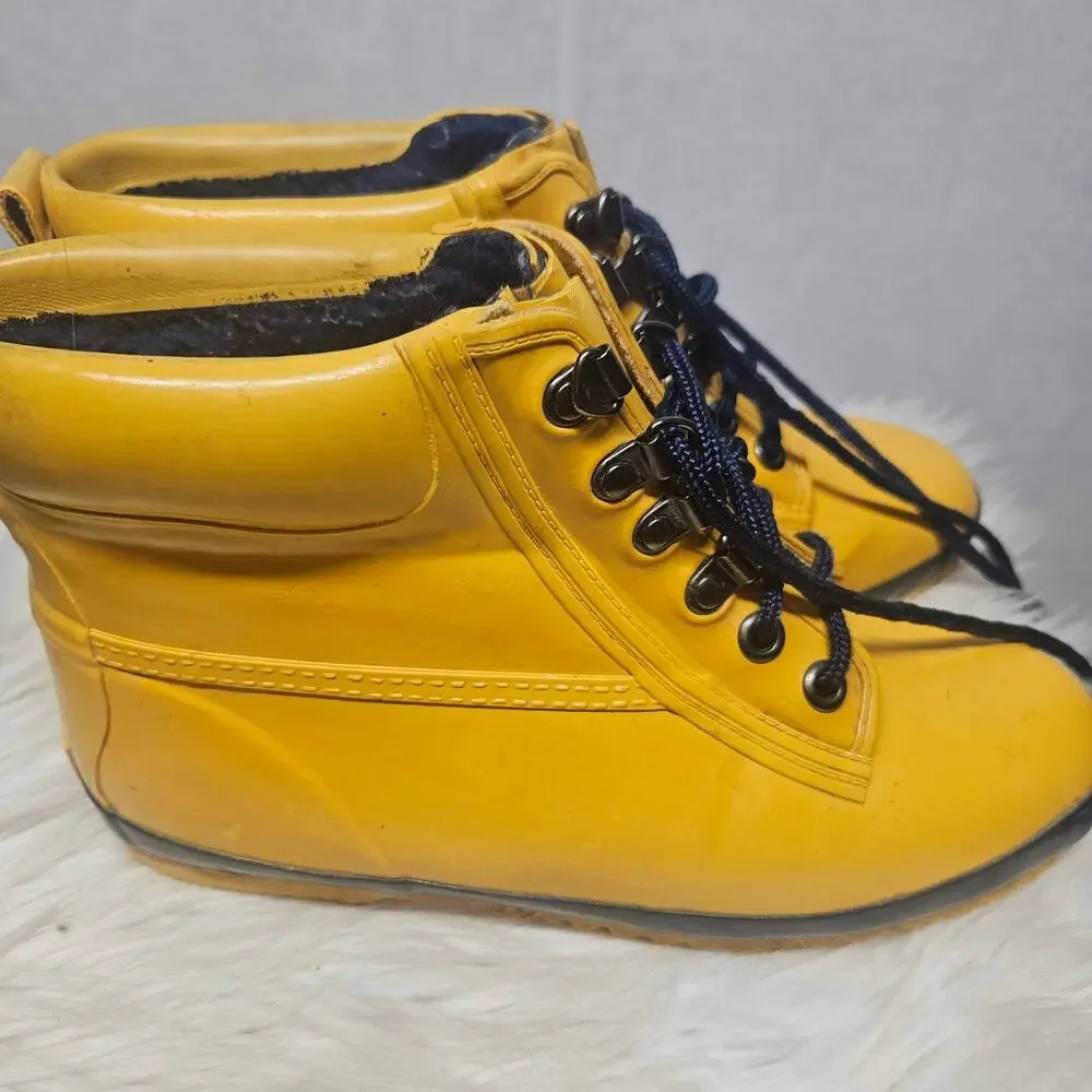 Vintage Eddie Bauer Yellow Rain Boots Fleece Lined Lace Up Winter Duck Boots 7